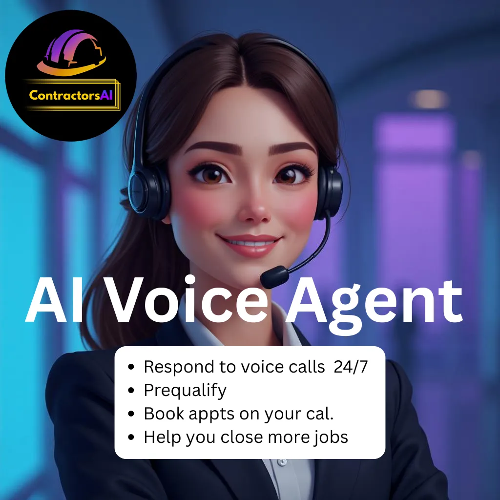 Three diverse contractors—HVAC, roofing, and fencing—standing together in a modern office, each with distinct attire and tools.