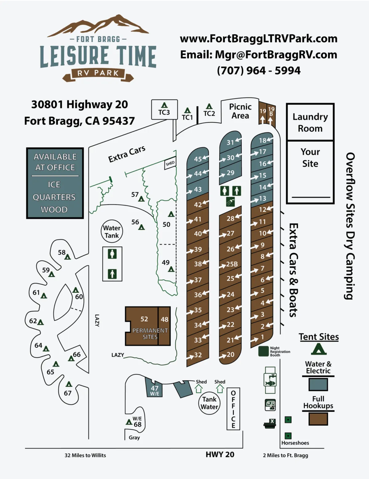 Map of Fort Bragg Leisure Time RV Park. 30801 Highway 20, Fort Bragg, CA 95437