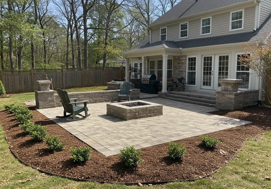 Custom-built paver patio with round firepit in an Atlanta backyard outdoor living space