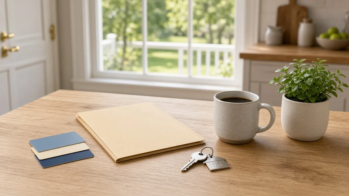 Kitchen table with house keys, a folder and credit cards set aside.