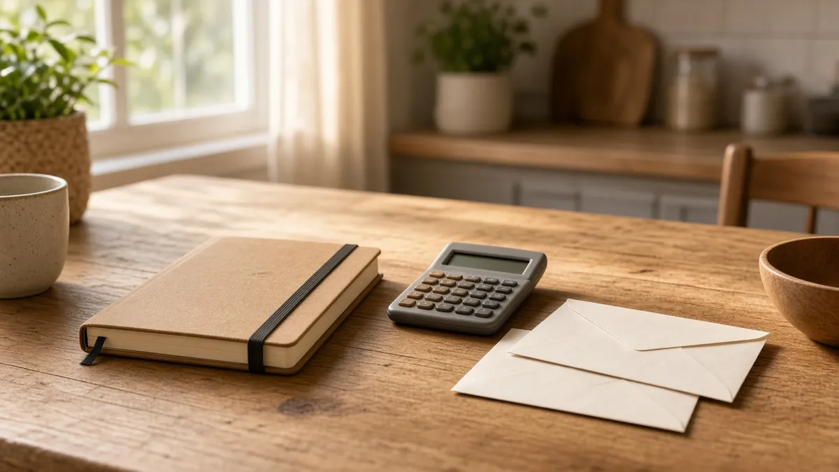 Kitchen table with a notebook, a calculator and two envelopes, for planning monthly bills.