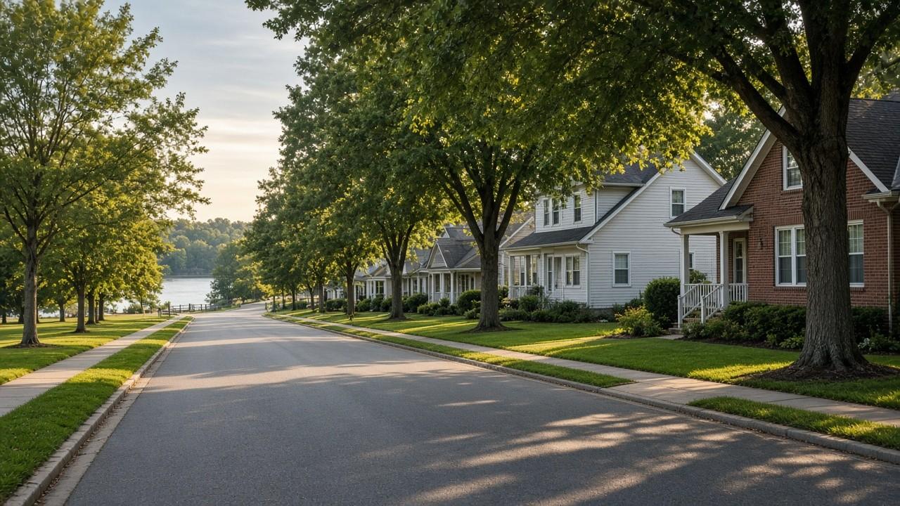 Tree-lined Columbus, Georgia street with houses and a river view in the distance