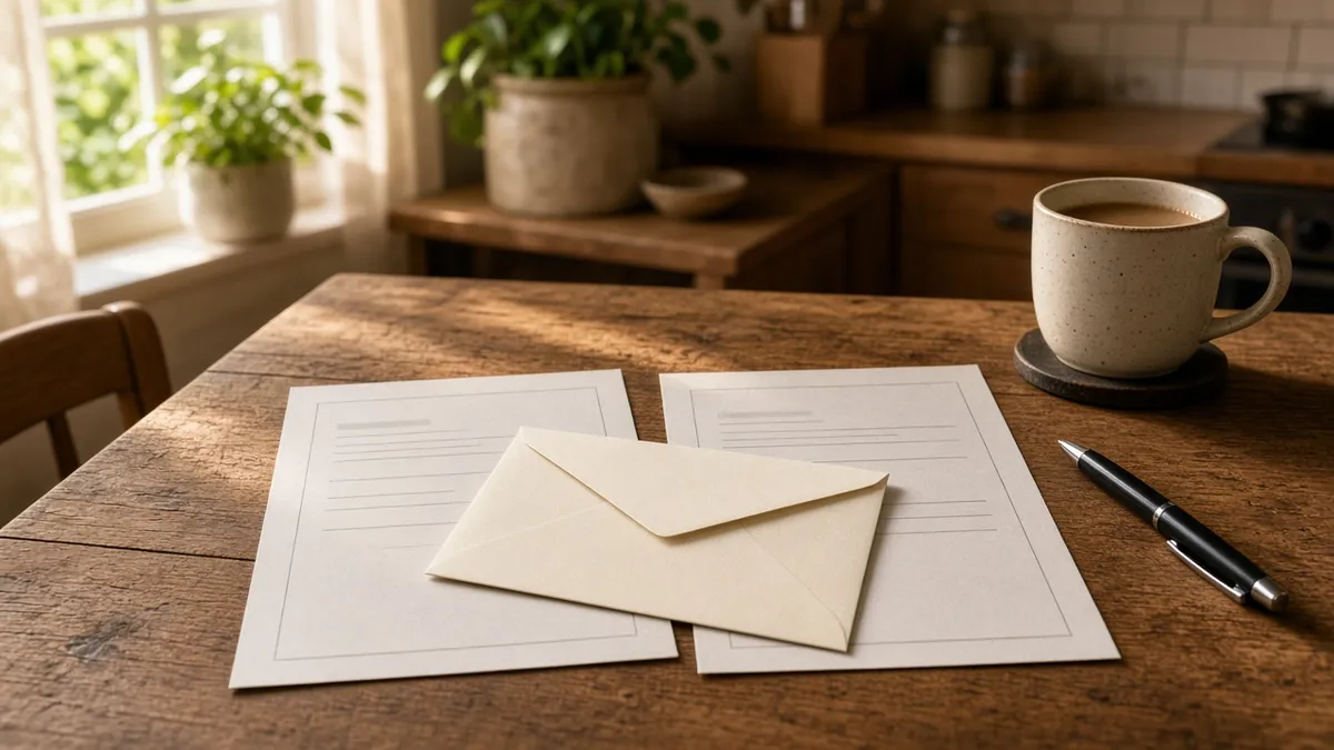 Kitchen table with two mortgage statements and an envelope on top, next to a cup of coffee