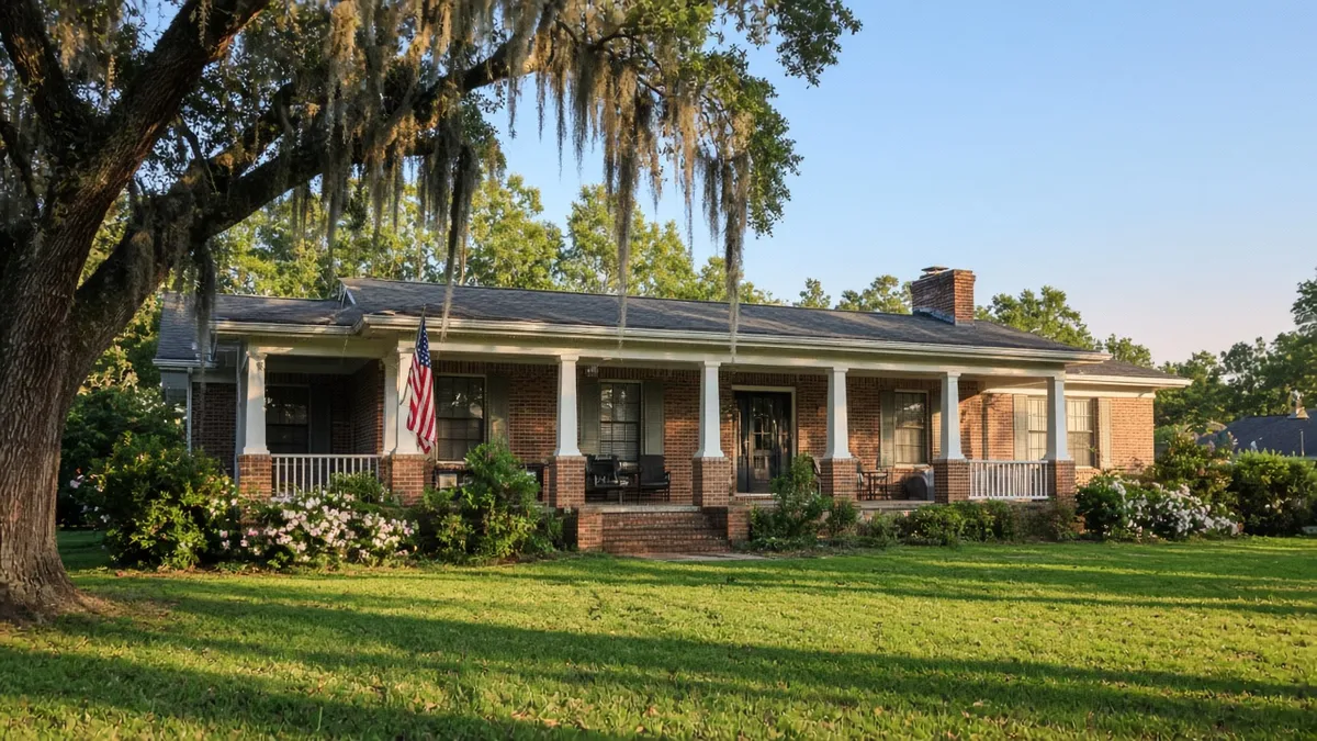 Brick family home with a U.S. flag on the front porch under a live oak in the Southeast (AI-generated image)
