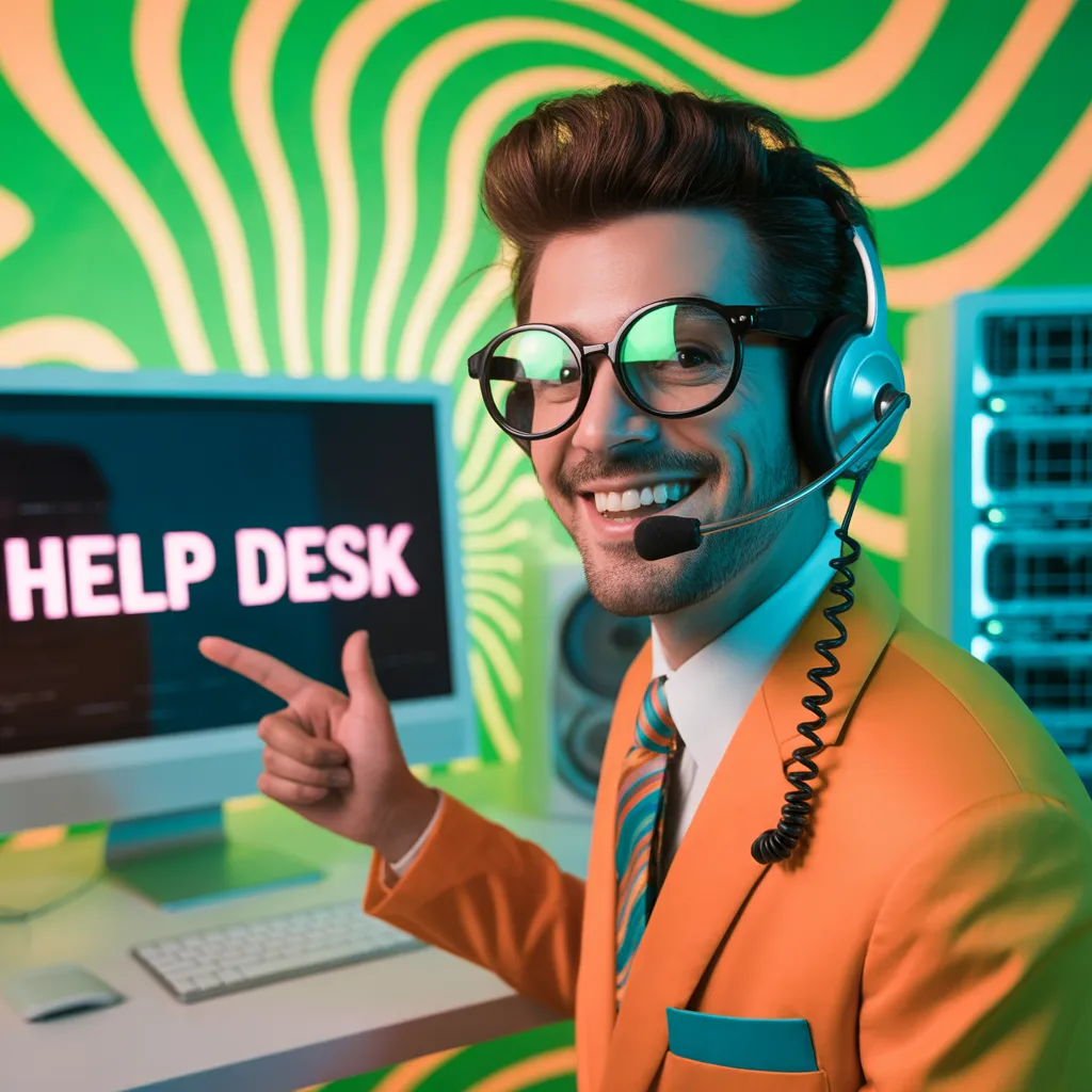 IT help desk agent in bright suit with headset, smiling, representing 24/7 personal tech support.