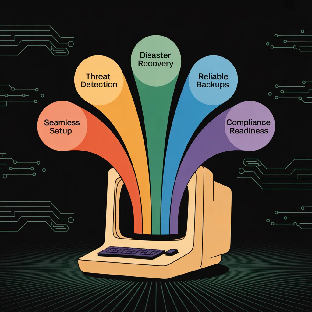 Retro computer with colorful infographics showing threat detection, disaster recovery, reliable backups, compliance readiness, seamless setup.