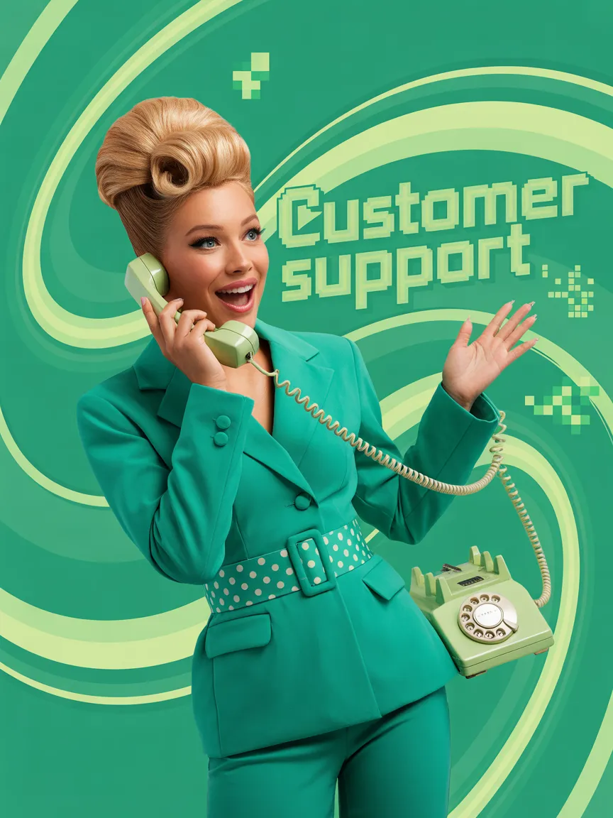 Smiling woman with vintage phone promoting faster IT response and no second-guessing with flat-fee IT service.