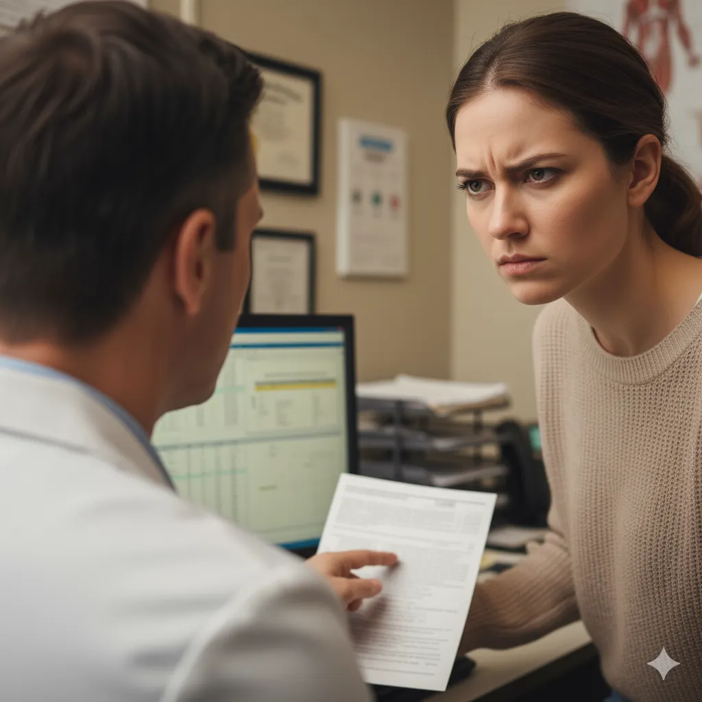 Picture of female patient looking frustrated by "normal" lab results with her doctor