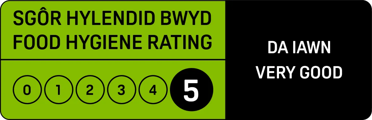 5 star rated food safety rating awarded by Gwynedd Council, EHO