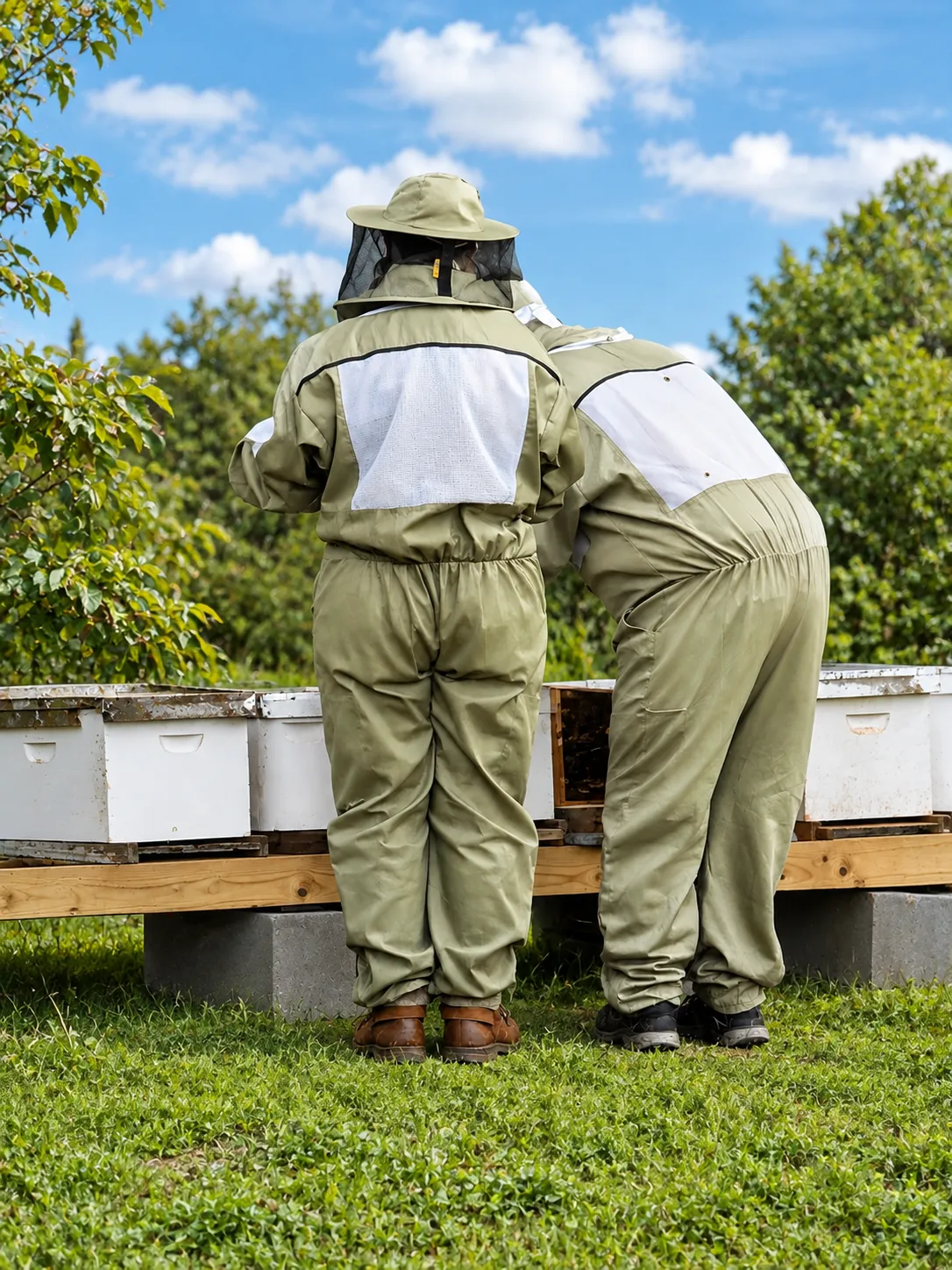 A beekeeper tending to the hives in a sunlit apiary