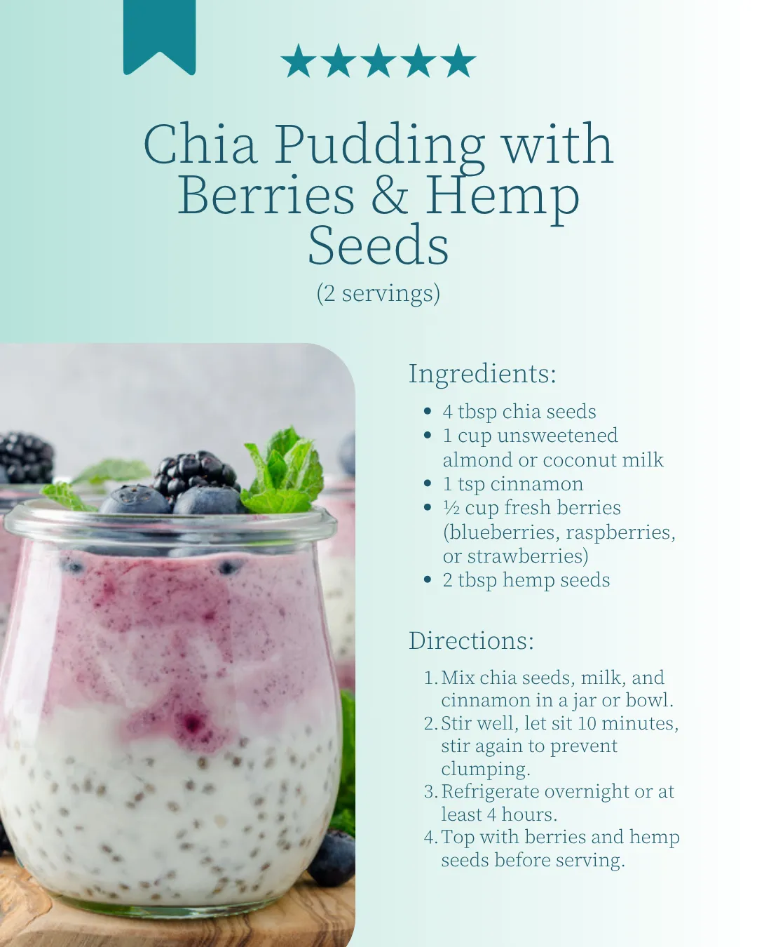 Chia pudding with berries and hemp seeds in a jar.