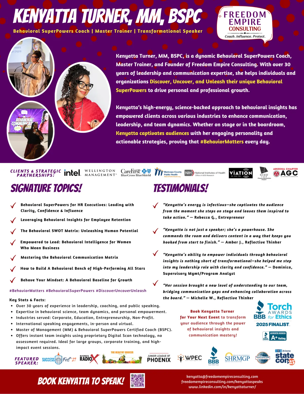 Kenyatta Turner, MM, BSPC – Behavioral SuperPowers Coach, Master Trainer, and Transformational Speaker – Freedom Empire Consulting Speaker One-Pager featuring keynote topics, testimonials, and client partnerships. Highlights include leadership development, team dynamics, behavioral communication mastery, and corporate training for organizations such as Intel, NIH, and CareFirst. Includes #BehaviorMatters branding, signature talks, and contact information for booking speaking engagements.