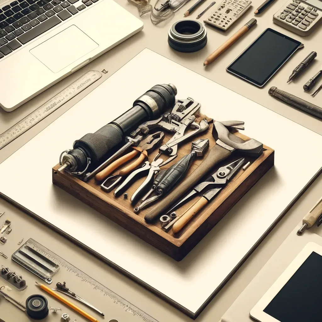 An organized workspace featuring a collection of tools arranged neatly on a wooden tray, surrounded by a laptop, ruler, calculator, and various office supplies. The setup symbolizes the preparation and tools needed for success.