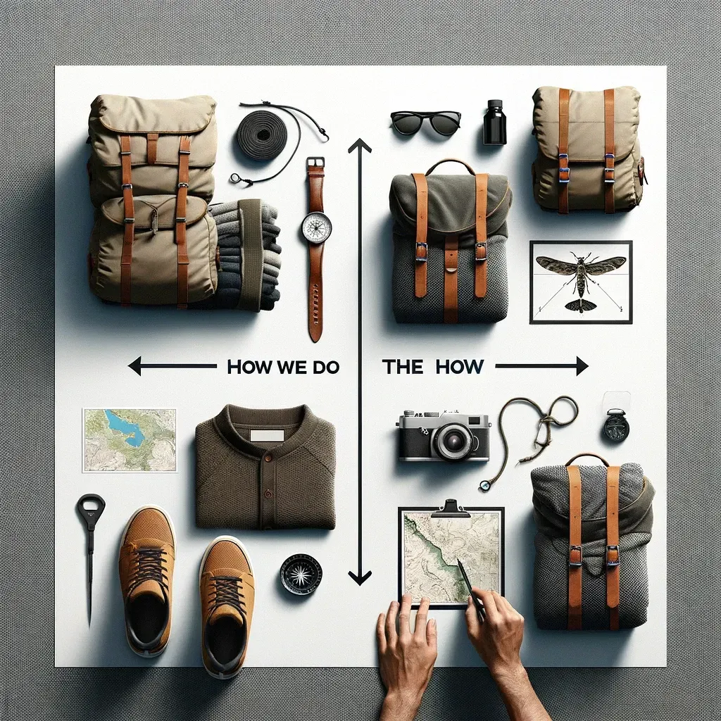 An organized layout showing various travel and outdoor gear items arranged neatly on a surface. The setup includes backpacks, a map, a compass, shoes, a watch, a camera, and other essentials, illustrating the concept of preparation and planning for a journey. Arrows and labels "How We Do" and "The How" are included to highlight the process and methods.