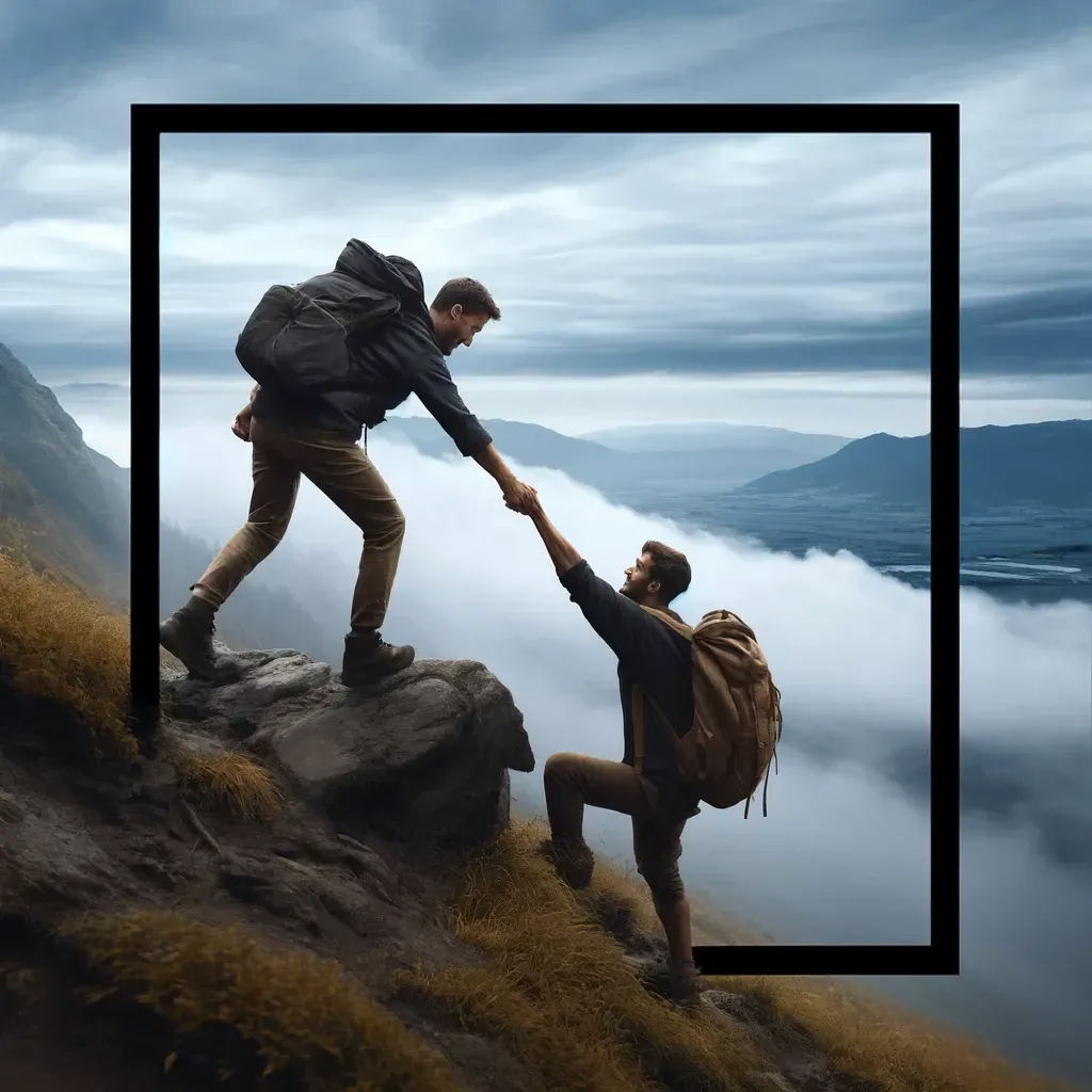 Two hikers helping each other climb a mountain, with one hiker reaching down to assist the other. The background features a scenic view of mountains and clouds, symbolizing passing on experience for overcoming challenges.
