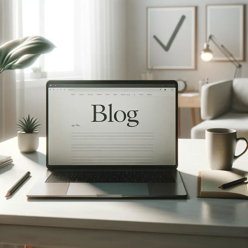 A laptop displaying the word "Blog" on its screen, placed on a tidy desk with a plant, coffee mug, notebook, and pen. The background features a cozy room with natural light and framed pictures on the wall.