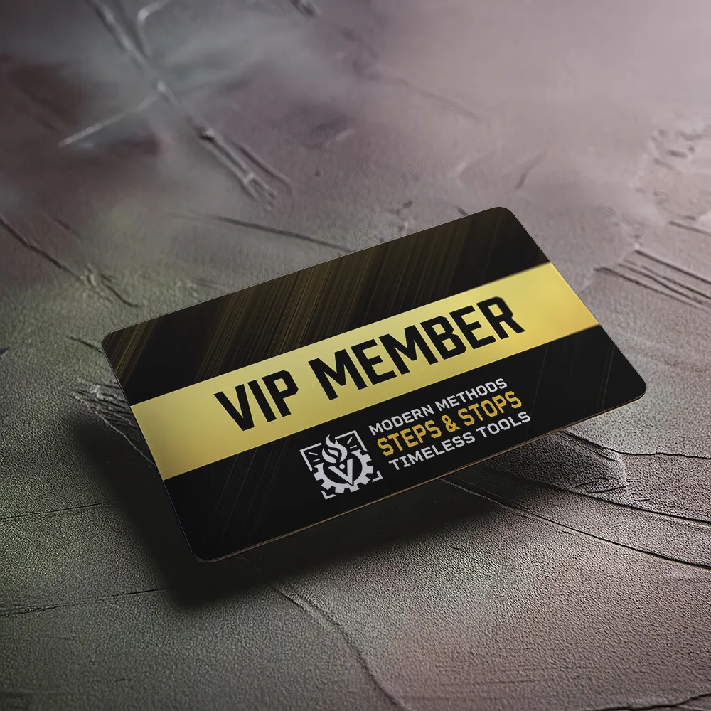 A VIP member card with a black and gold design featuring the Steps & Stops logo and the tagline "Modern Methods, Timeless Tools."
