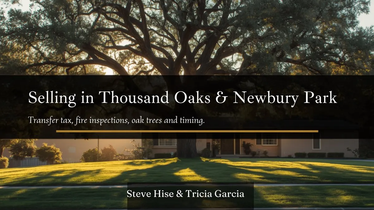 Single-story Conejo Valley home under a large oak tree with the headline Selling in Thousand Oaks and Newbury Park