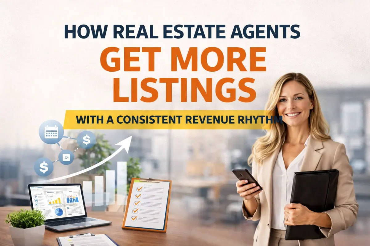 Professional real estate agent with growth charts and checklist illustrating a consistent revenue plan for getting more listings