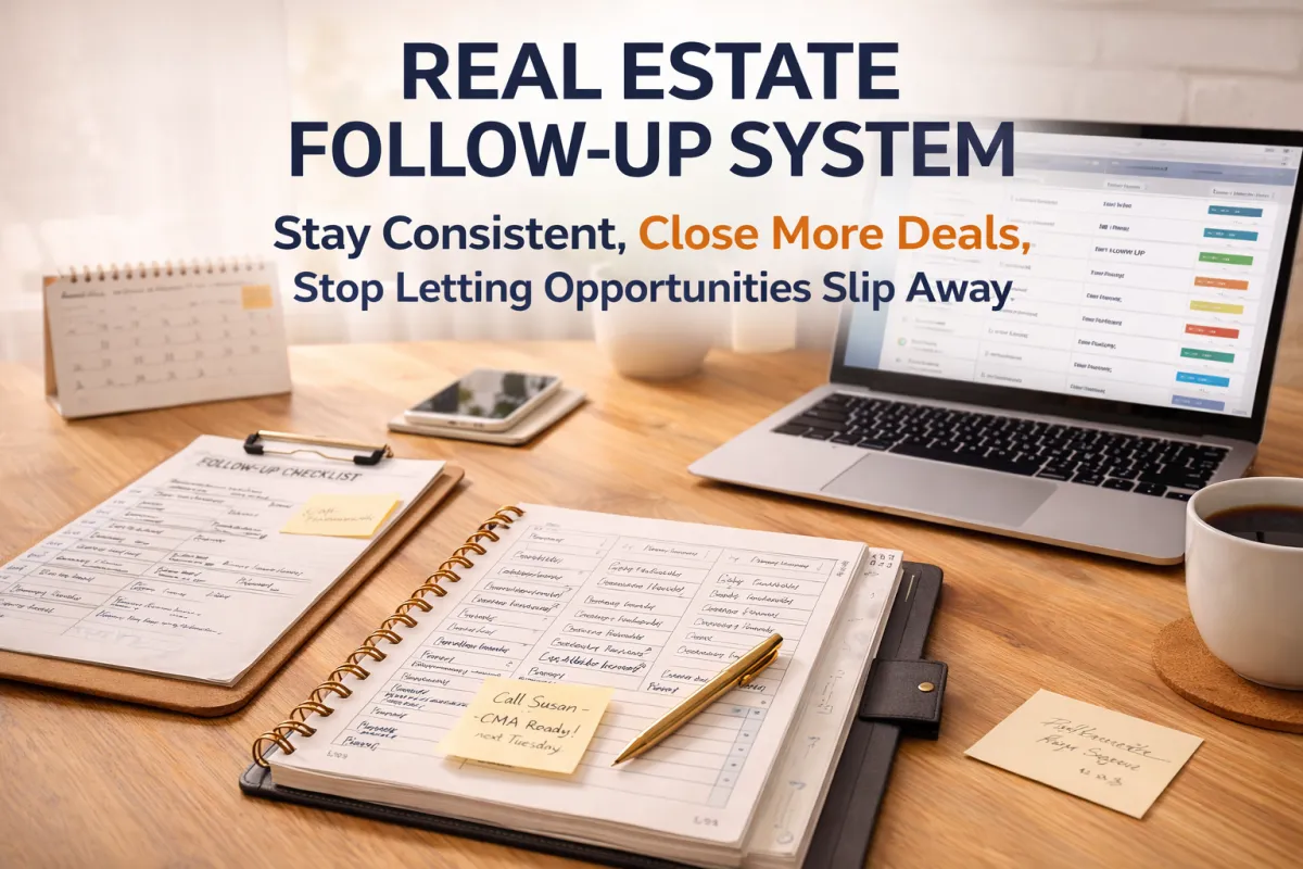 Organized follow-up desk with CRM notes, calendar, checklist, and coffee representing a real estate follow-up system focused on consistency, tracking, and predictable income.