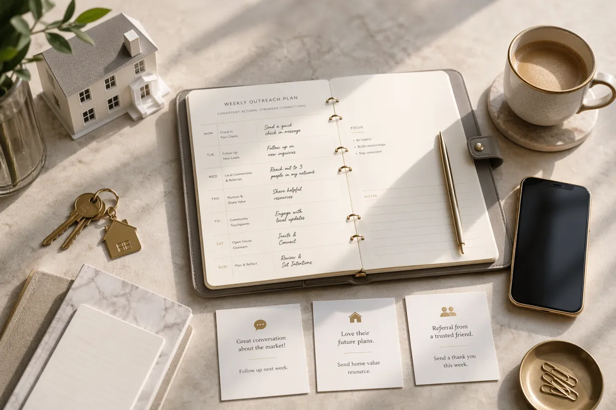 Modern business-building desk with contact list, phone, planner, and coffee representing a real estate lead generation system focused on clarity, connection, and momentum.