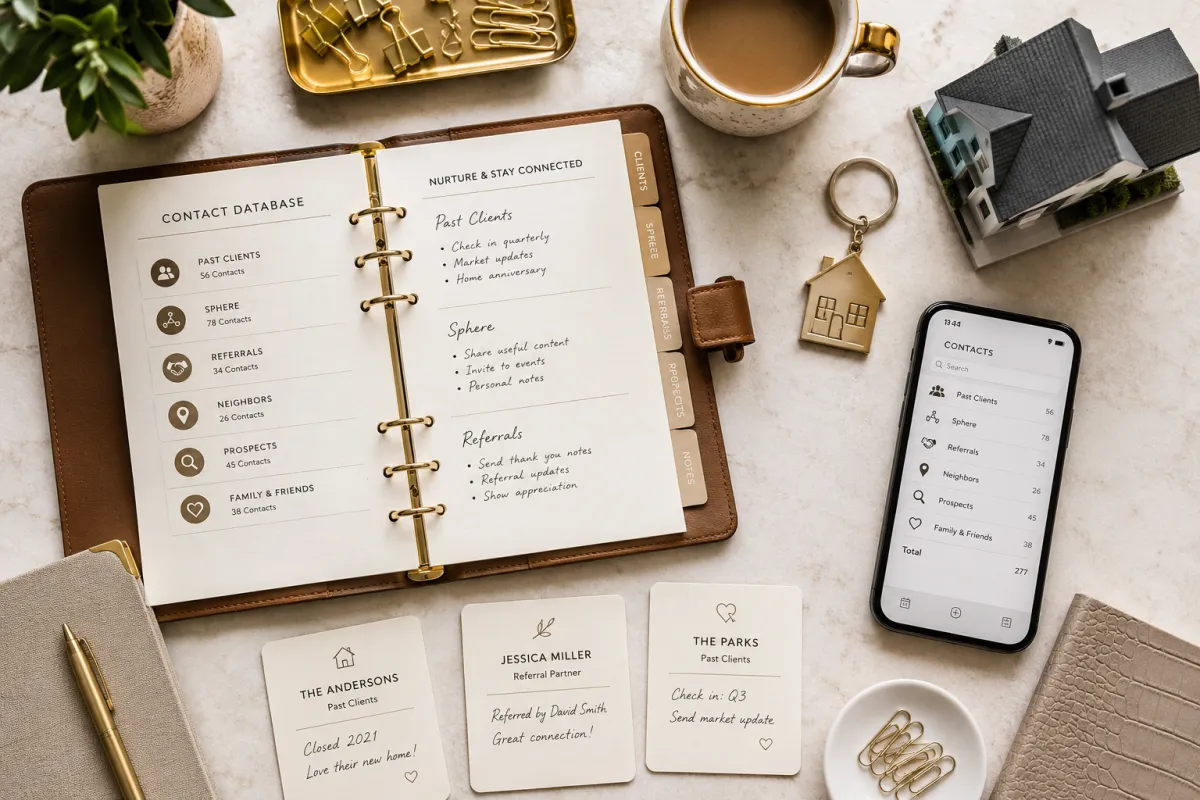 Organized real estate database workspace with planner, contact cards, phone, and coffee representing a relationship-based database system for referrals, follow-up, and predictable income.