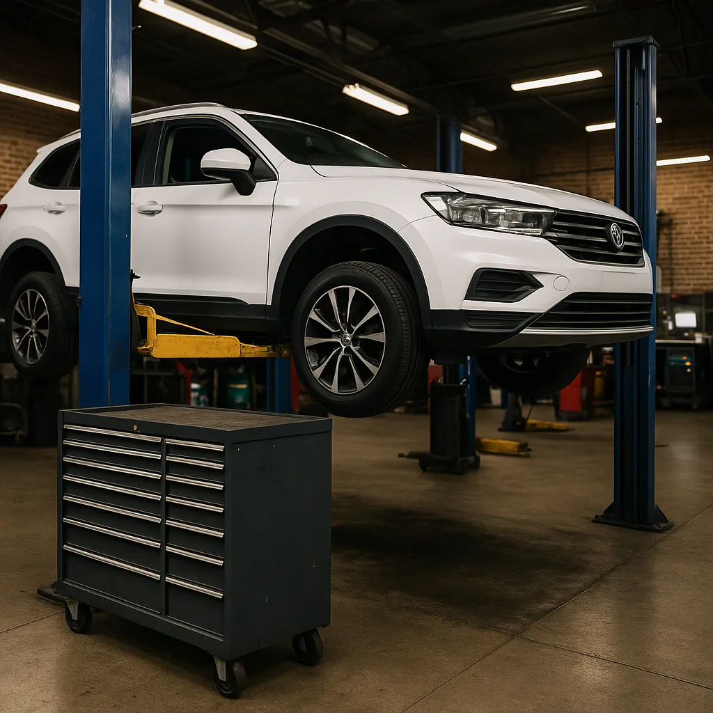 White SUV on hydraulic lift inside professional auto repair shop in Spokane WA – diesel and heavy-duty truck service