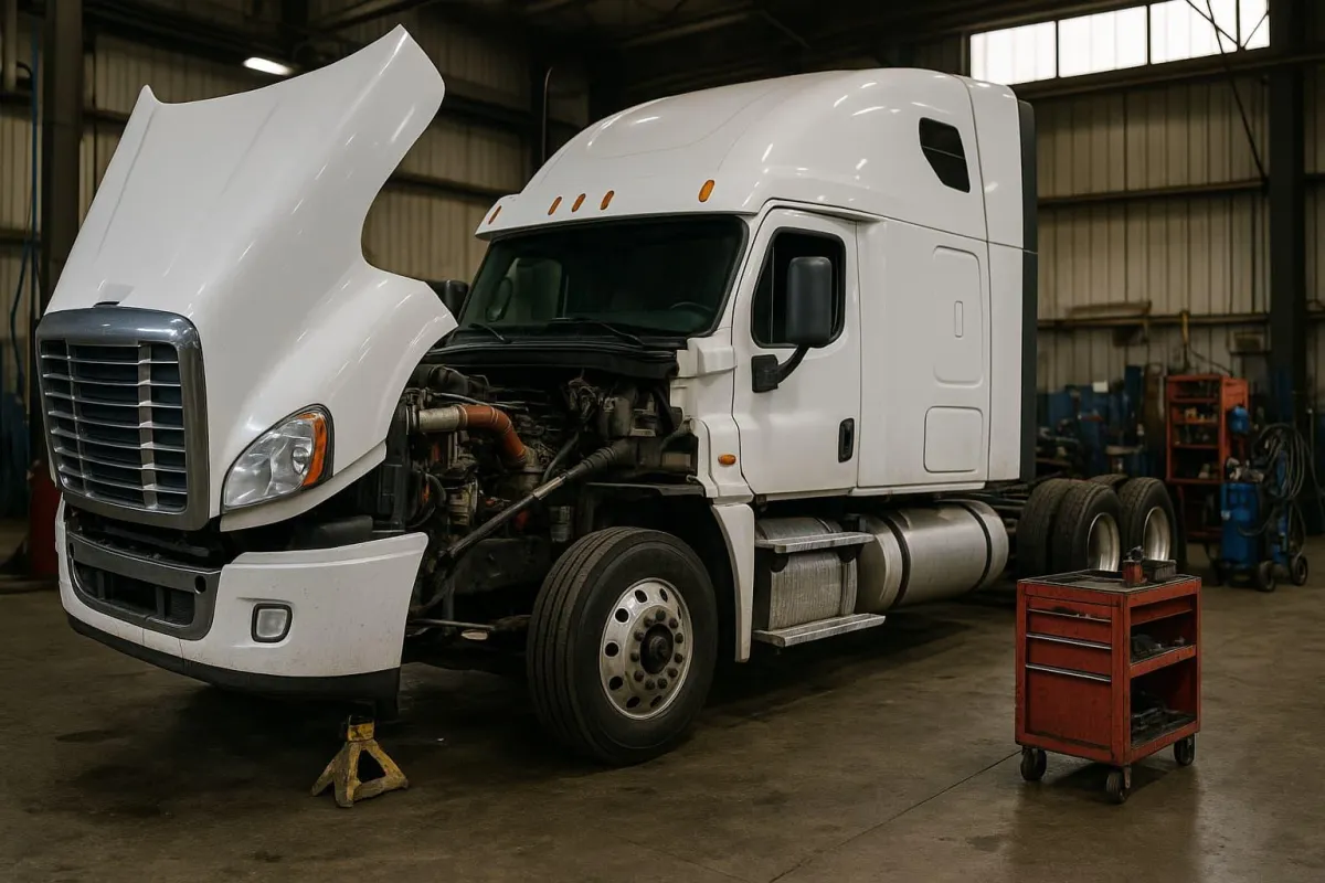 White semi-truck repair at All Motors Center in Spokane, WA – high-resolution image showing diesel engine maintenance inside professional truck repair shop.