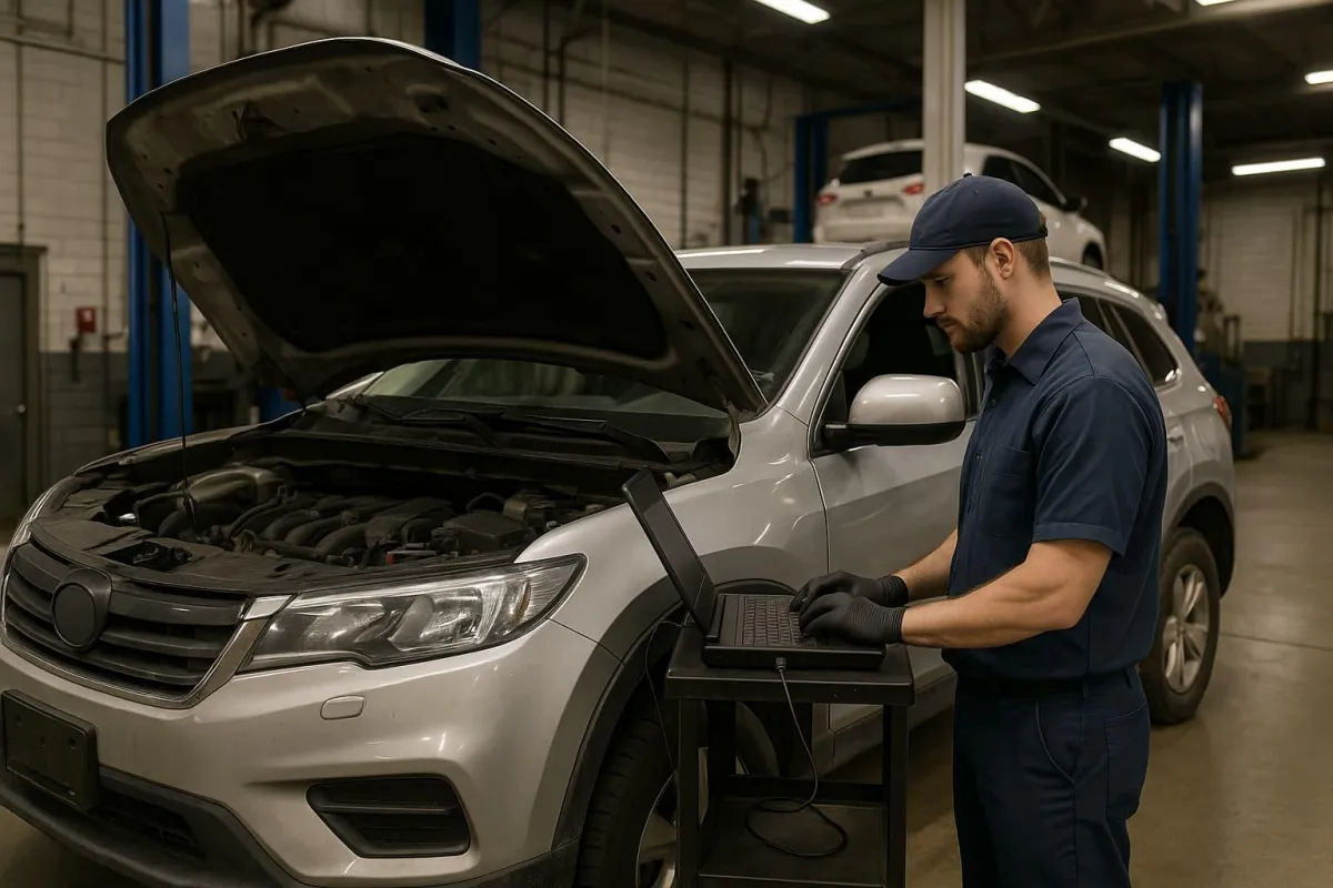 Mechanic performing diagnostic check on SUV at All Motors Center – Spokane, Washington auto repair shop for reliable car diagnostics and nearby mechanic services.
