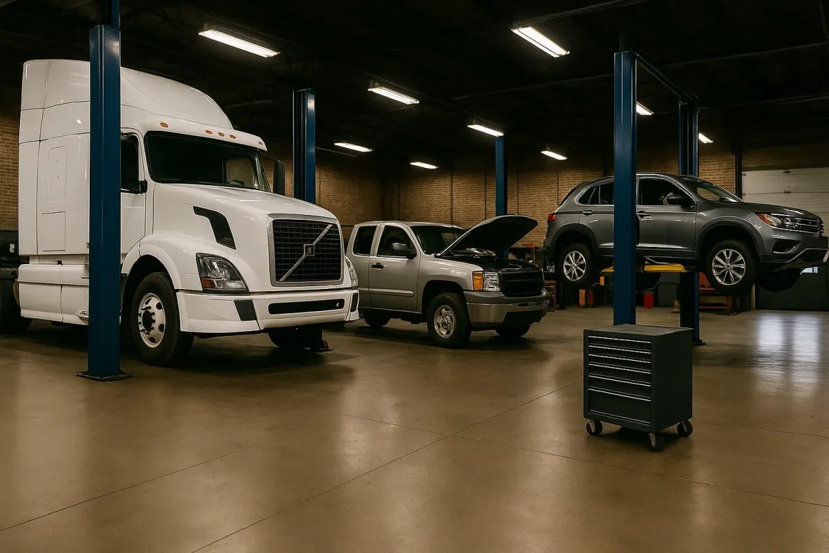 semi-truck, Pick Truck, Suv, Sedan repair at All Motors Center in Spokane, WA – high-resolution image showing diesel engine maintenance inside professional truck repair shop.