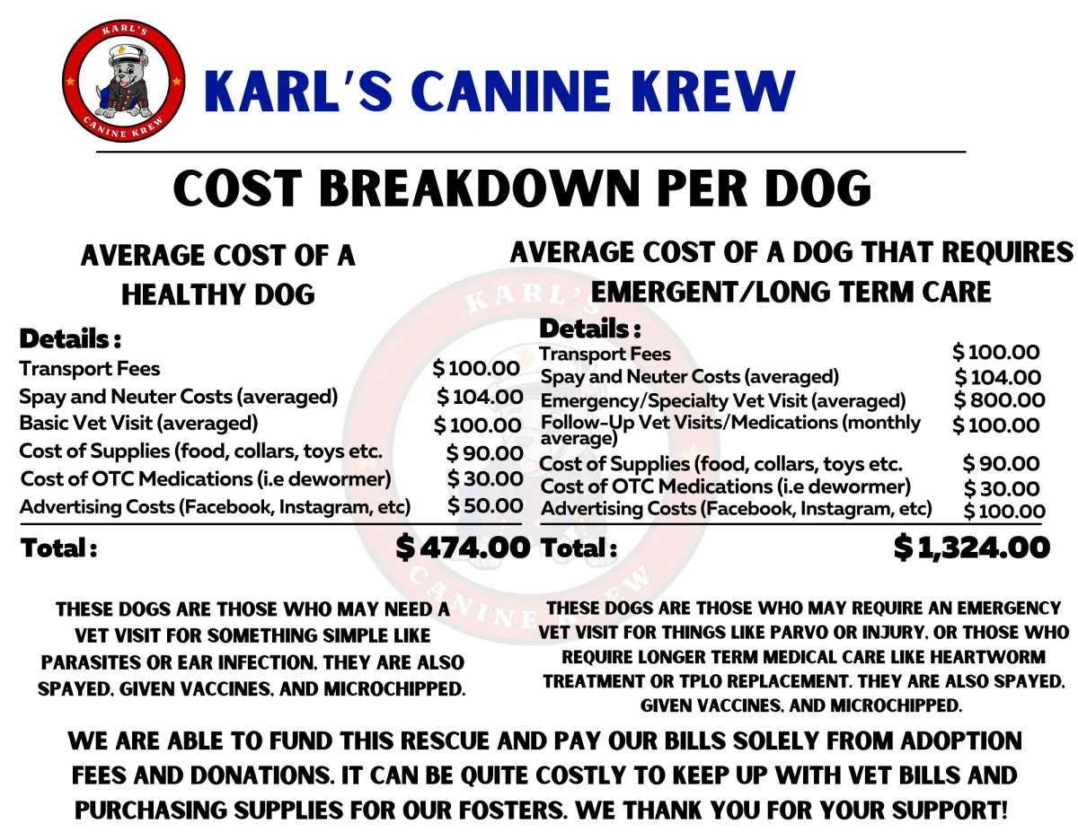 Cost break down for KCK's expenses on each dog that comes in
