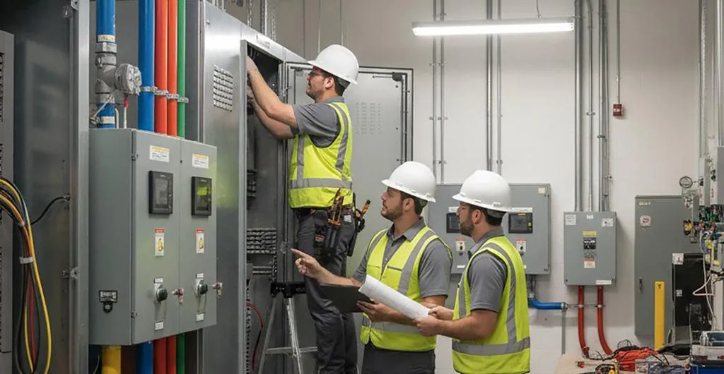 Close-up of Prestige Electric electrician in safety gear carefully wiring a new electrical breaker panel during a residential service upgrade