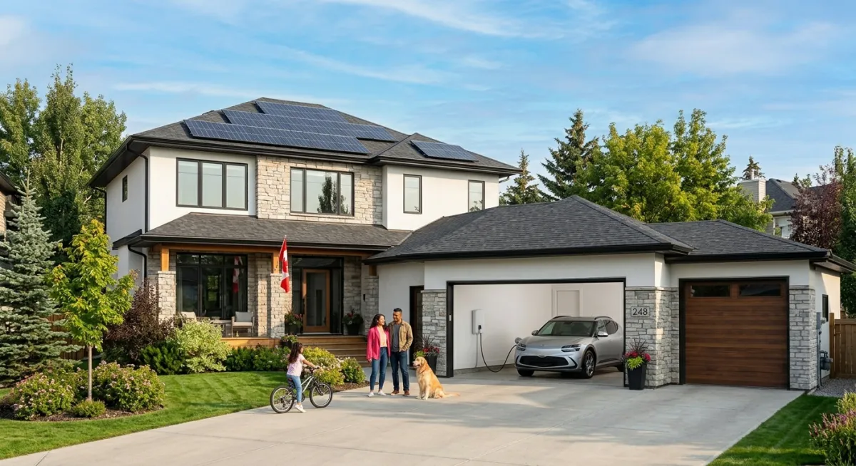 An Alberta family smiles together in front of their modern home, which is equipped with solar panels and a Prestige Electric EV charger actively powering their Tesla.