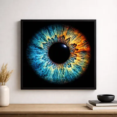 Iris-Kunstwerk als gerahmter Kunstdruck an einer hellen Wand