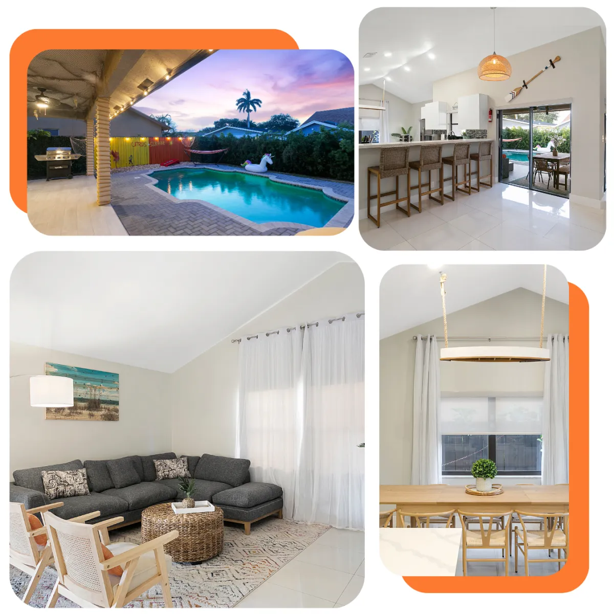 Citrus Villa Stay: Luxurious getaway with four bedrooms, a modern kitchen, and a heated outdoor pool. Nestled in a tranquil neighborhood, yet close to beaches, shops, and restaurants.