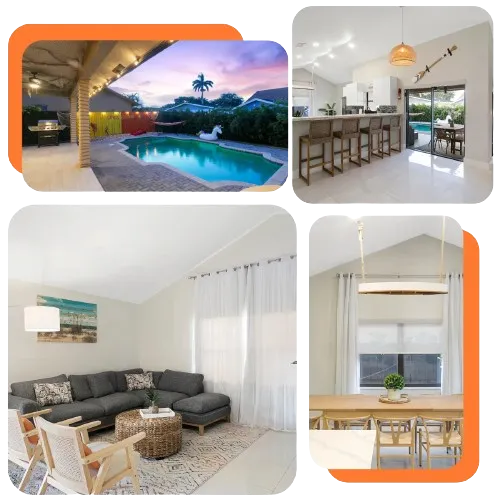 Citrus Villa Stay: Luxurious getaway with four bedrooms, a modern kitchen, and a heated outdoor pool. Nestled in a tranquil neighborhood, yet close to beaches, shops, and restaurants.