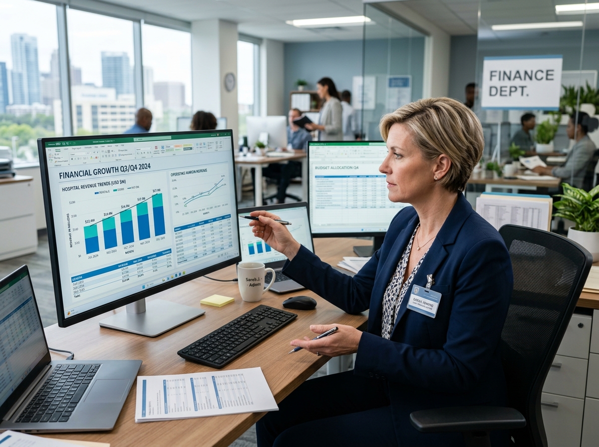 Healthcare administrator analyzing financial growth charts showing revenue trends - medical coding outsourcing companies in