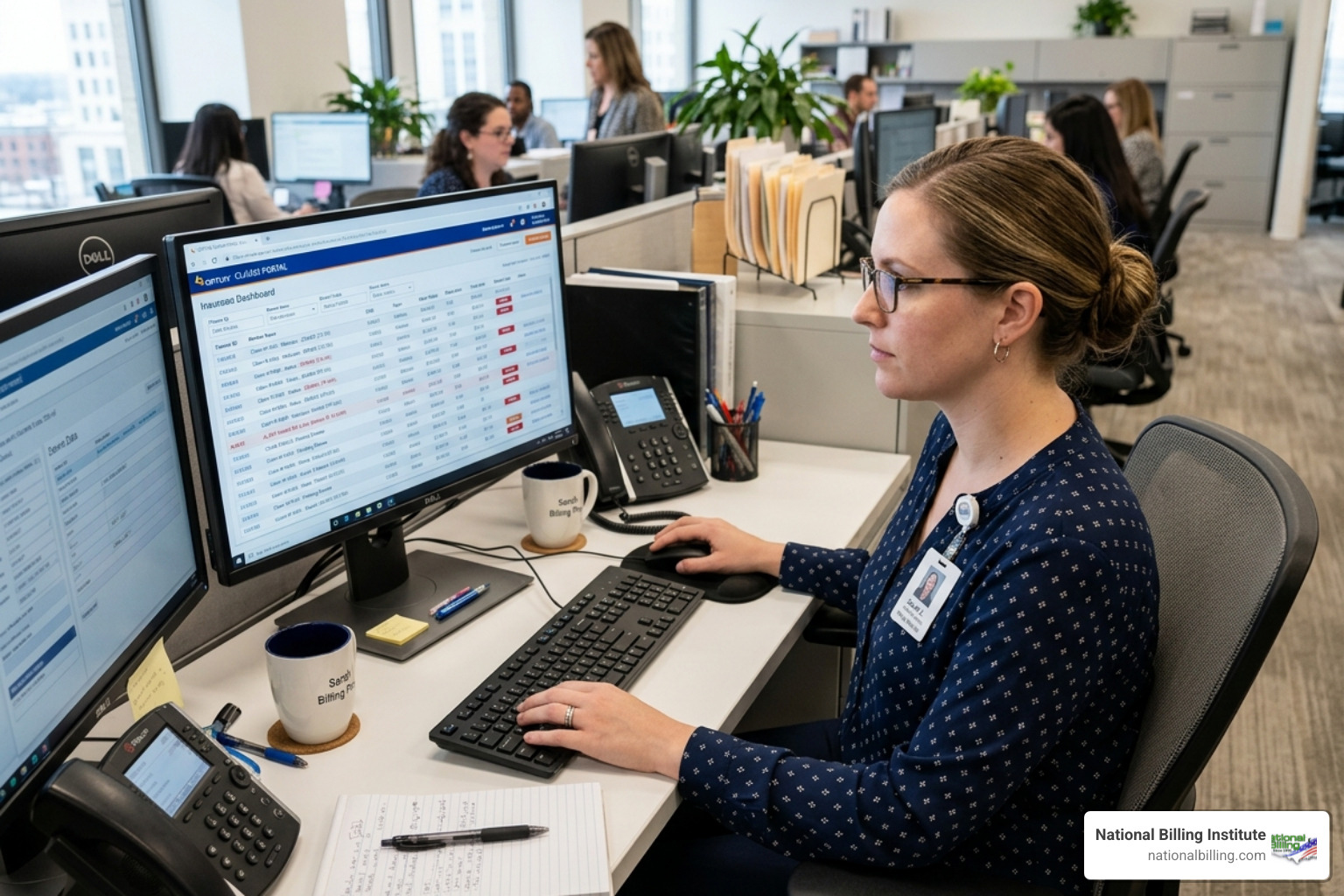 medical billing specialist analyzing a digital claim dashboard - denials and appeals management
