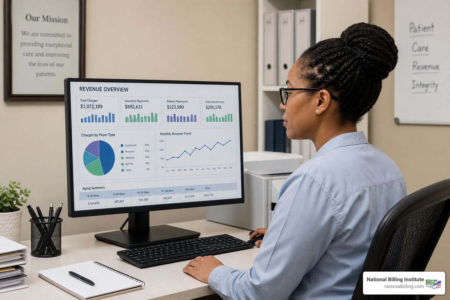 healthcare rcm services medical billing professional analyzing financial charts