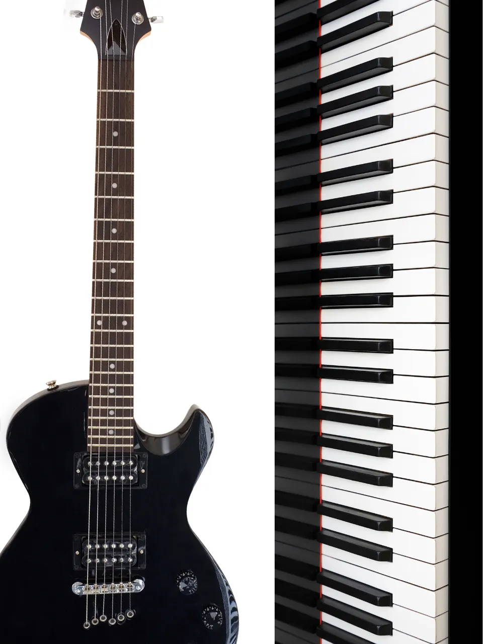 Piano and electric guitar side by side, representing in-person music lessons in Fair Oaks for homeschool students
