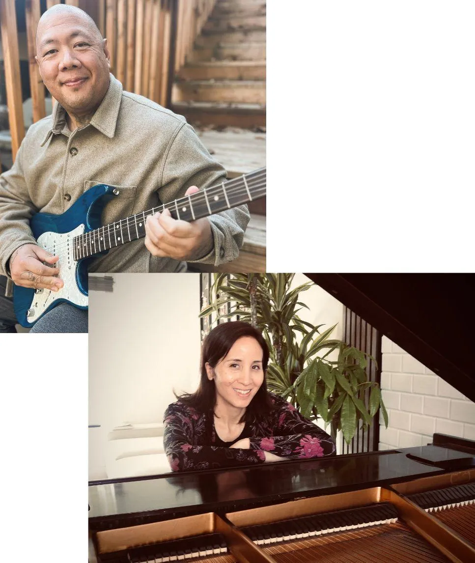Curtis and Jordane, co-founders of Frets & Keys, offering in-person guitar and piano lessons in Fair Oaks for homeschool students
