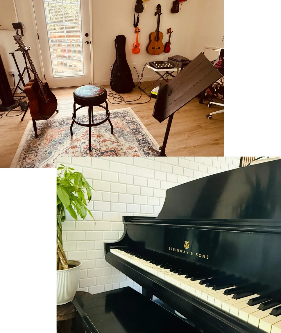 Frets & Keys home music studio in Fair Oaks, set up for in-person piano and guitar lessons for homeschool students