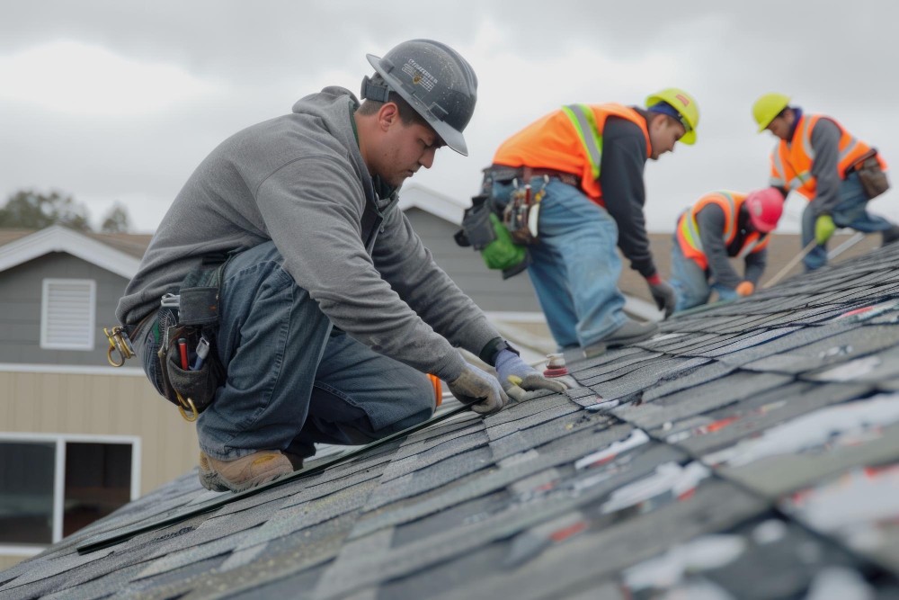 Roofing team completing asphalt roof installation with care