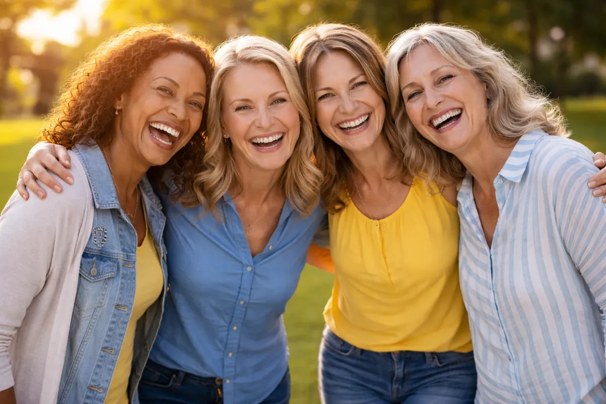 Women in midlife sharing a warm conversation in a cozy circle
