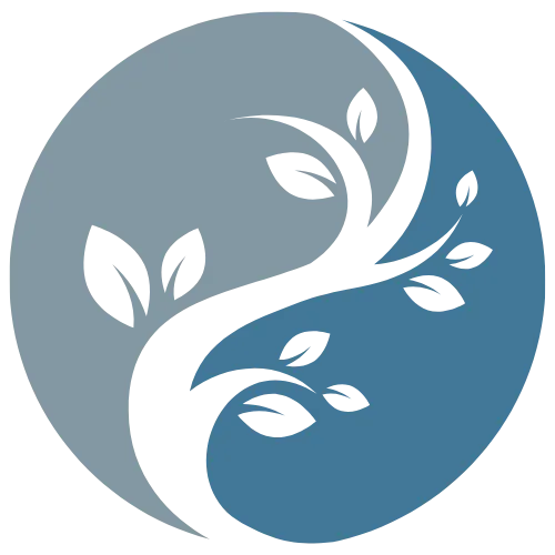 Wellness With Holly Brand Logo of two different shades of blue that are separated by a white plant stem with various leaf sizes