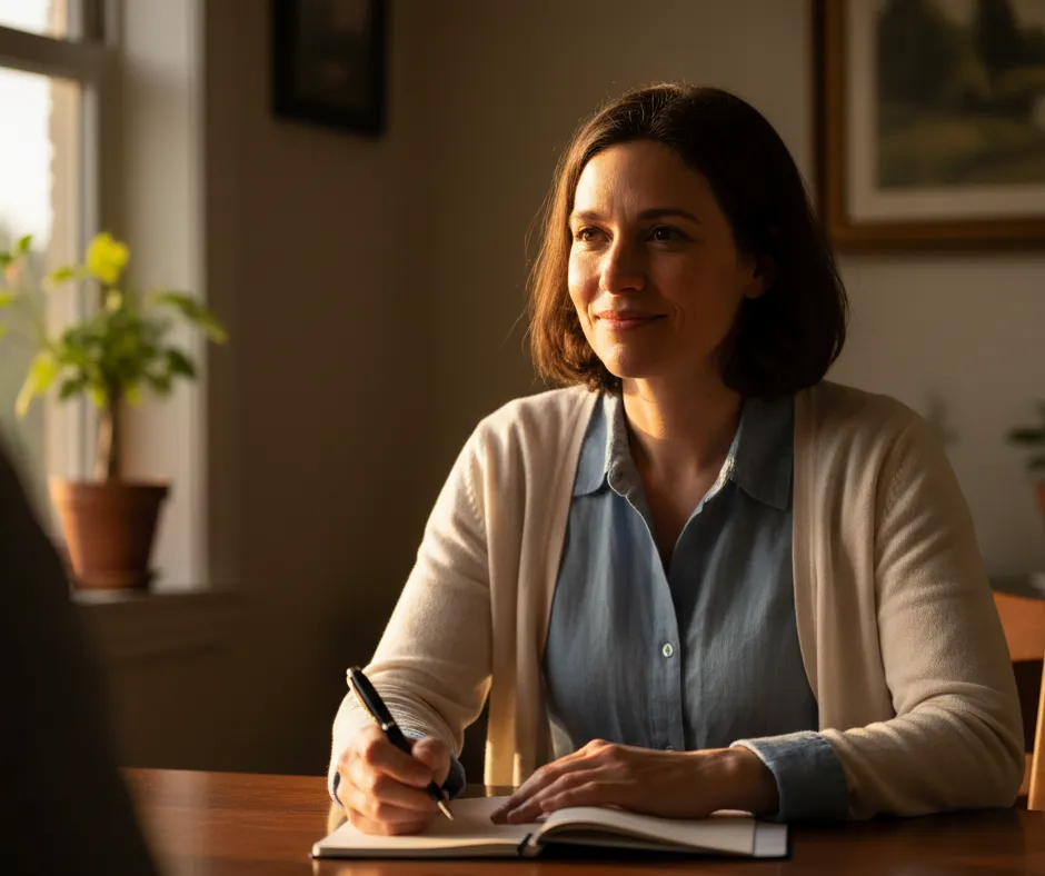 Clinic room detail with soft focused chair and green plant, bright calm light to suggest a safe therapeutic setting.