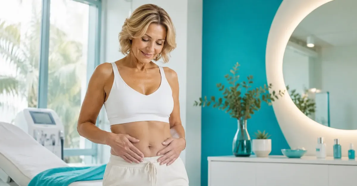 Frau in den Wechseljahren betrachtet ihren Bauch in einem modernen Wellnessinstitut in Leverkusen.