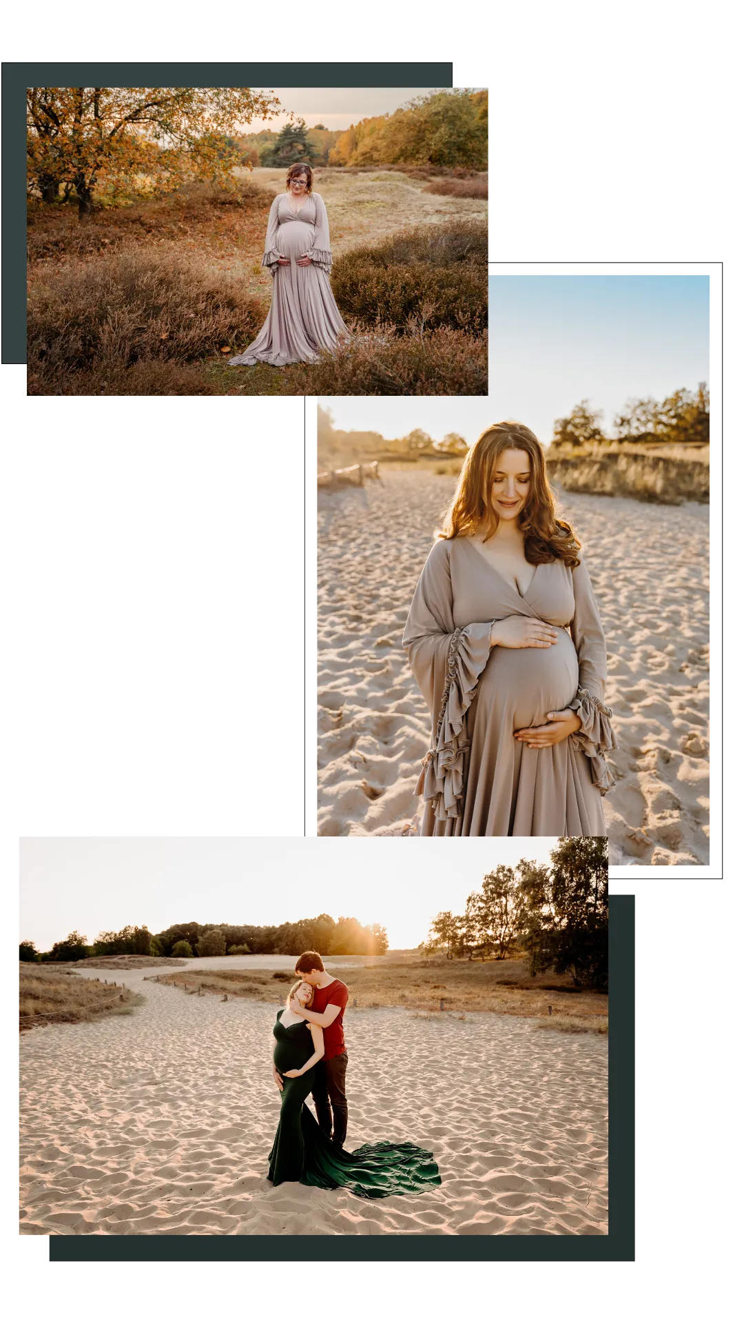 Bildercollage von Schwangeren beim Babybauch Fotoshooting n den Boberger Dünen bei Sonnenuntergang