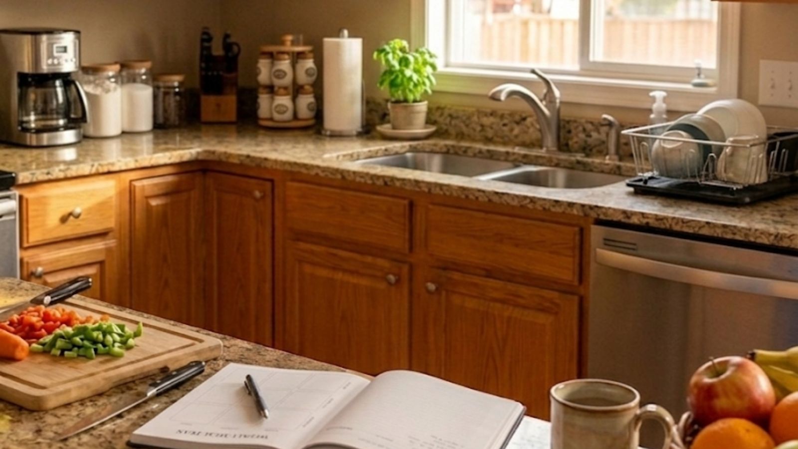 A real, unstaged kitchen counter mid-week — dinner half-prepped, a calendar or phone in the frame, nothing polished.