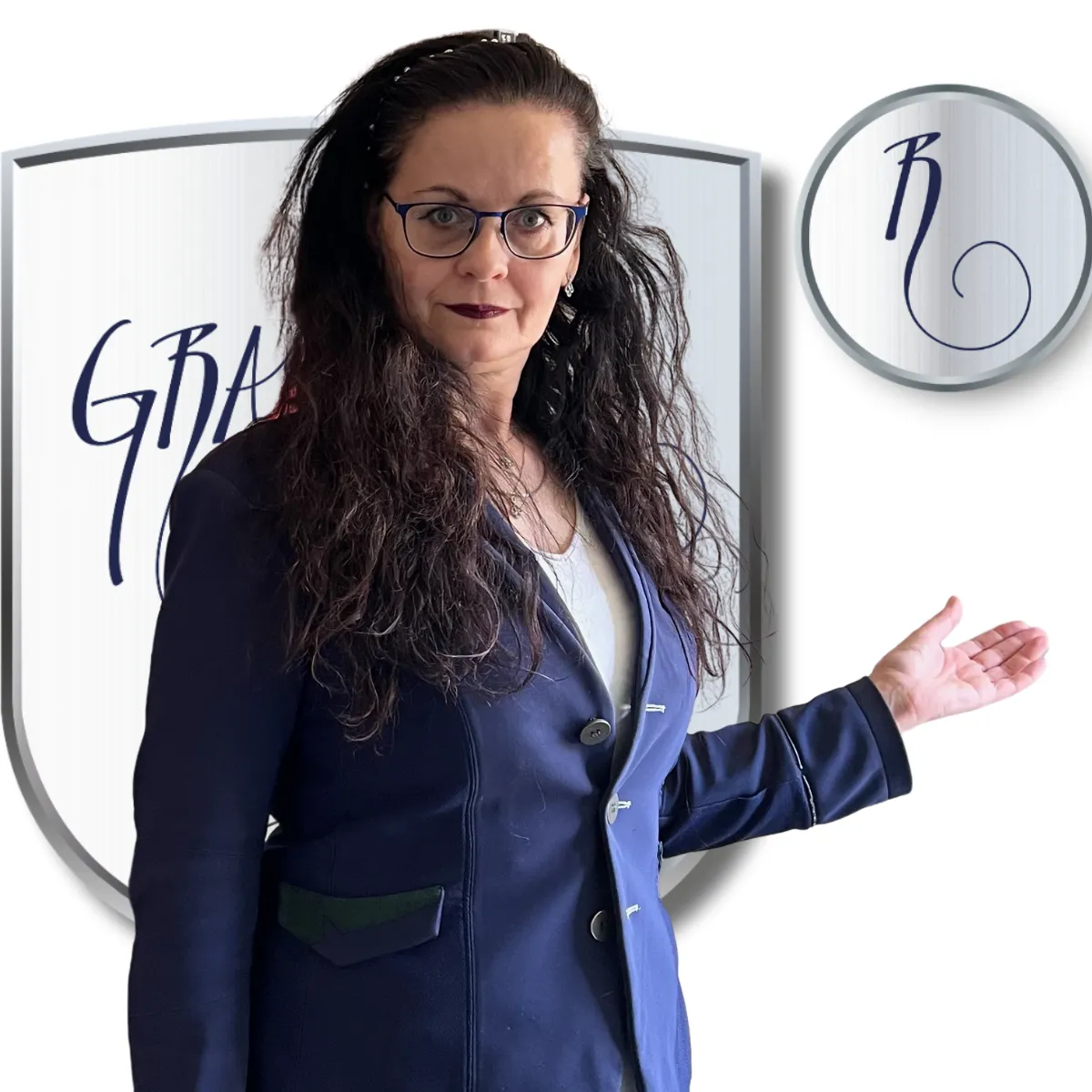 Céleste holding her hand toward the registration symbol behind her